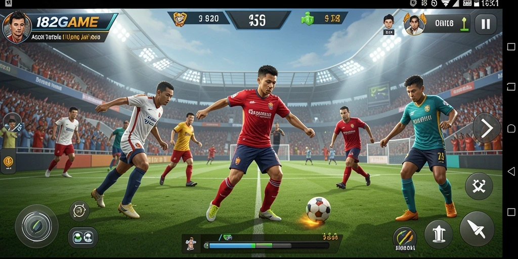 Tampilan screenshot <strong>182GAME</strong> menunjukkan aksi seru di lapangan sepak bola.