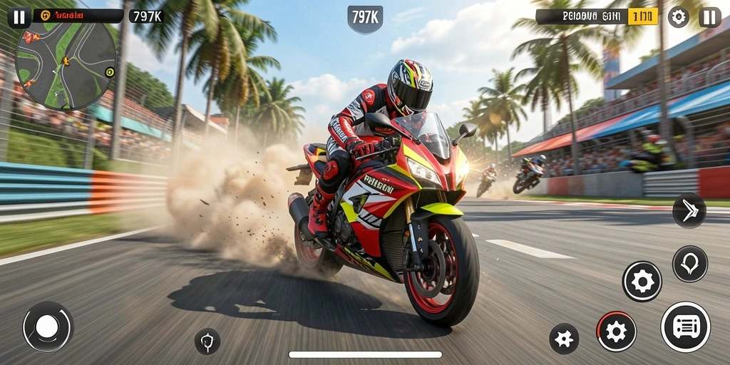 Screenshot gameplay <strong>797K</strong> menunjukkan balapan motor mendebarkan.