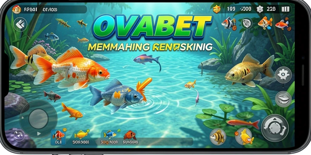 Tampilan gameplay OVABET yang penuh warna dan dinamis saat memancing ikan.