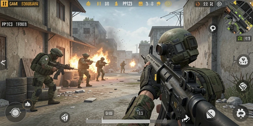 Tangkapan layar PP123 dengan aksi tembak-menembak yang seru di gameplay FPS.