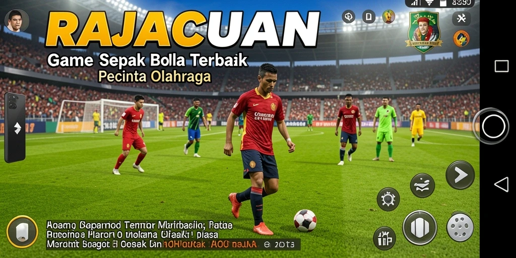Screenshot gameplay utama RAJACUAN dengan aksi sepak bola intens.