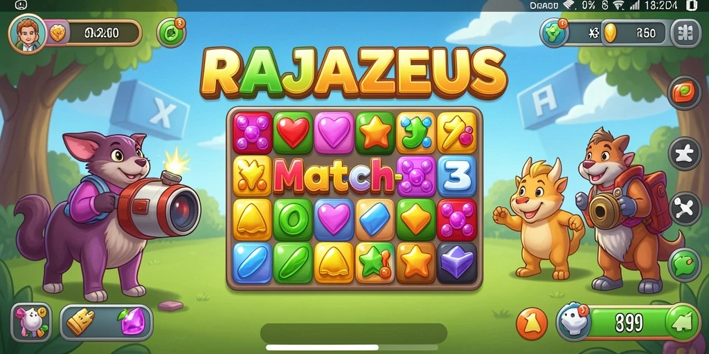 Tampilan menarik dari gameplay <strong>RAJAZEUS</strong> saat mencocokkan permata.